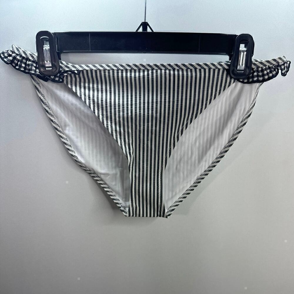 AERIE SWIMWEAR Women's Ruffle Accents Black White Stripes‎ Bikini Bottom NWT